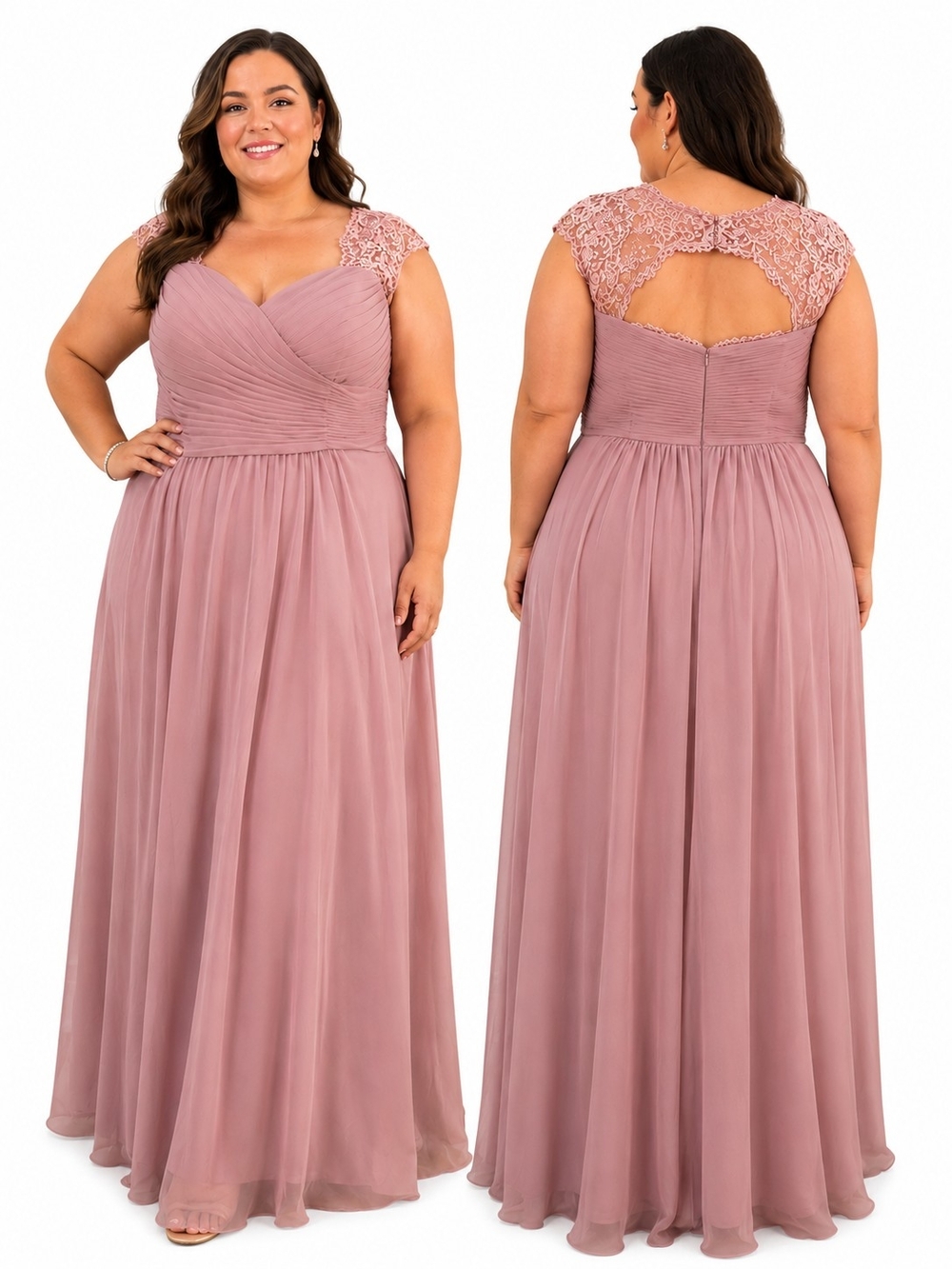 JJs House Dusty Rose Lace Cap Sleeve Chiffon Maxi Dress